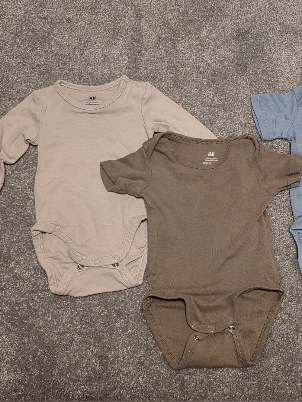 H&M Baby 3-Pack Bodysuit Set - Blue & Brown (Shortsleeve), Cream (Longsleeve)